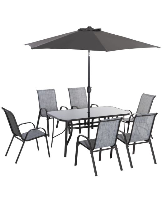 Outsunny 8 Piece Patio Dining Set with 8Ft Table Umbrella Push Button Tilt and Crank 6 Chairs Rectangle Outdoor Fu