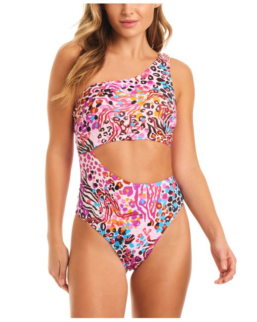 Jessica Simpson Abstract-Print One-Shoulder Swimsuit