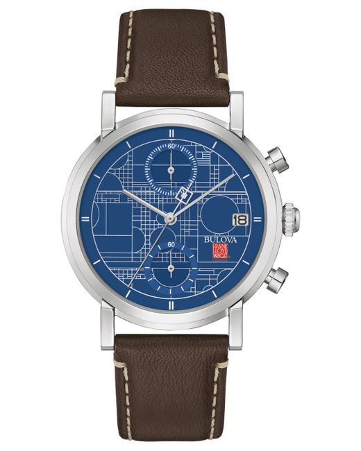 Bulova Chronograph Frank Lloyd Wright Blueprint Leather Strap Watch 39mm