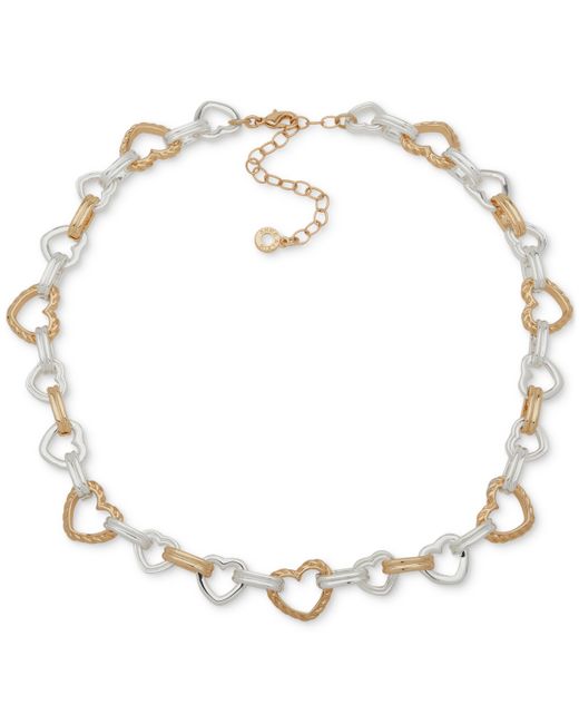 AK Anne Klein Two-Tone Crystal Heart Link Collar Necklace 16 3 extender Silver
