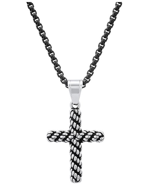 SteelTime Two-Tone Stainless Steel Rope Chain Cross 24 Pendant Necklace Silver
