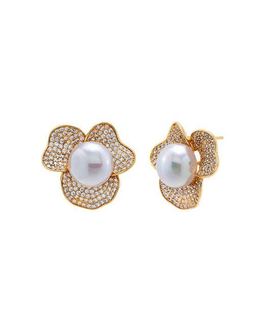 By Adina Eden Pave Three Petal Imitation Pearl Stud Earring