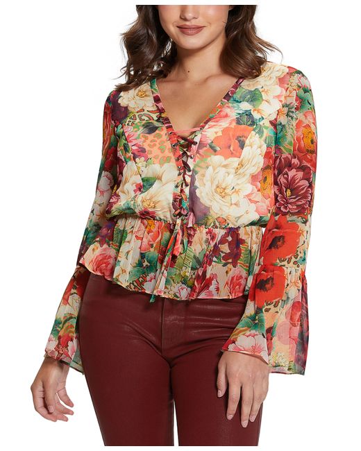 Guess Demi Printed Lace-Up Peplum Top