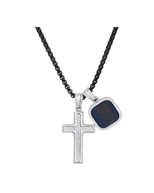 SteelTime Silver-Tone Lords Prayer Cross Square Pendant Necklace 24 Silver Blue