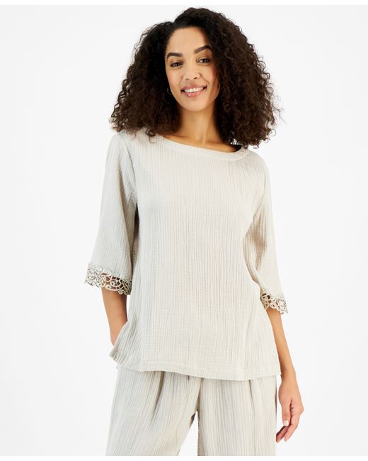 Jm Collection Boat-Neck 3/4-Sleeve Gauze Top Created for