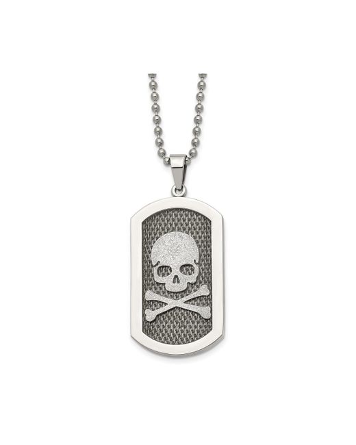 Chisel Brushed Laser Cut Skull and Crossbones Dog Tag Ball Chain Necklace