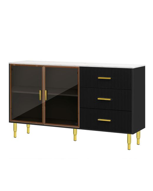 Simplie Fun Modern Sideboard Mdf Buffet Cabinet Marble Sticker Tabletop and Amberyellow Tempered Glass Doors with Gold Metal Legs Handles Bl