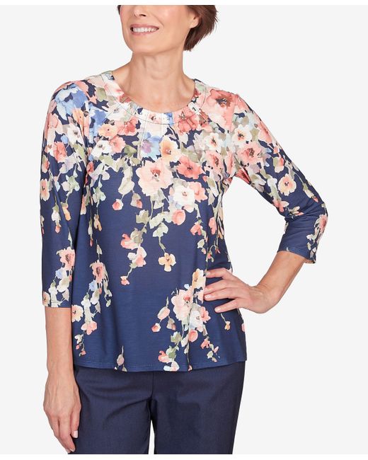 Alfred Dunner Petite A Fresh Start Floral Garden Pleated Crew Neck Top
