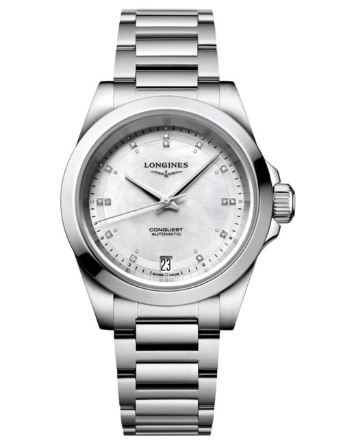 Longines Swiss Automatic Conquest Diamond Accent Stainless Steel Bracelet Watch 34mm