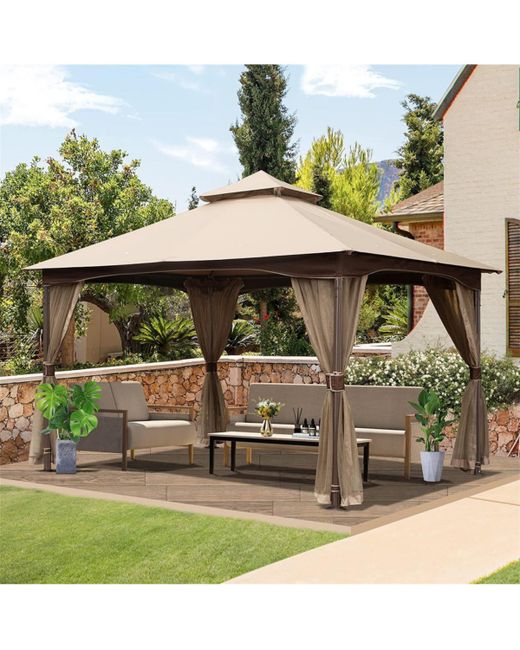 Simplie Fun 10x13 Gazebo Outdoor with Mosquito Netting Metal Frame Double Roof Soft Top Patio Canopy Tent for Deck Backyard Garden L