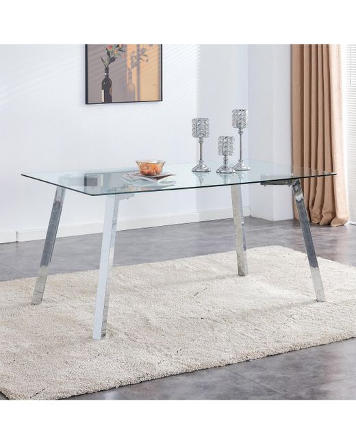 Simplie Fun A modern minimalist rectangular glass dining table with tempered tabletop and metal legs suitable for kitchens restaurants