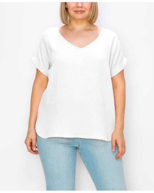 Coin 1804 Plus Gauze V-neck Rolled Sleeve Top