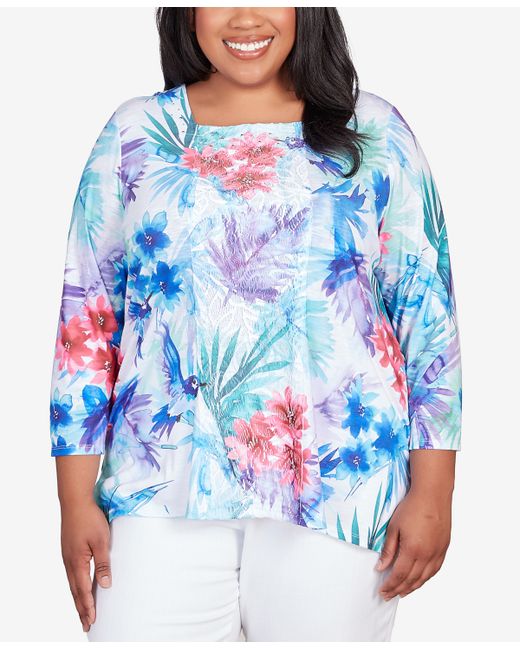 Alfred Dunner Plus Classic Brights Tropical Birds Lace Paneled Top