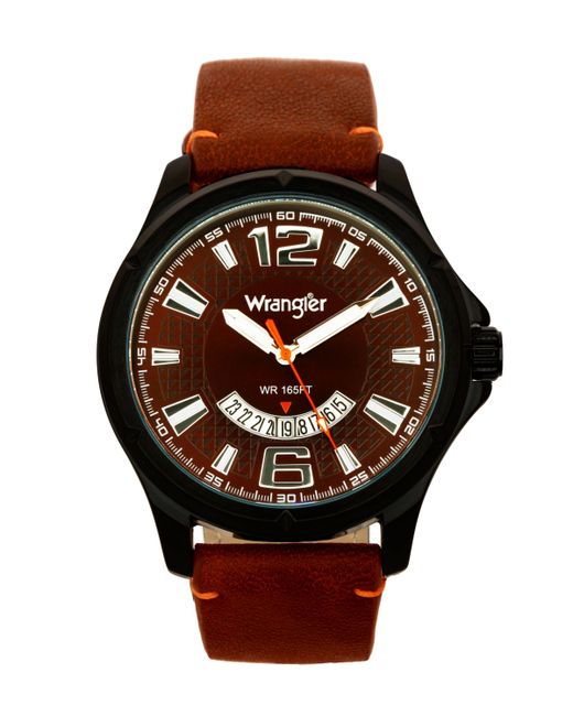 Wrangler Watch 48MM Ip Black Case Zoned Dial with White Markers and Crescent Cutout Date Function Strap Red Accent Stitch An