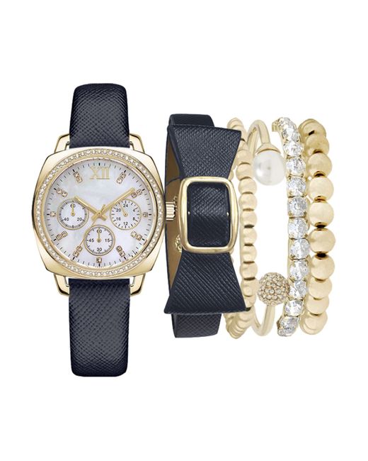Jessica Carlyle Analog Strap Watch 34mm with and Gold-Tone Bracelets Set