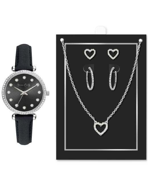 Jessica Carlyle Black Strap Watch 33mm Jewelry Gift Set