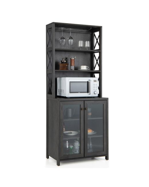Sugift Tall Freestanding Buffet Hutch with Glass Holder and Adjustable Shelves