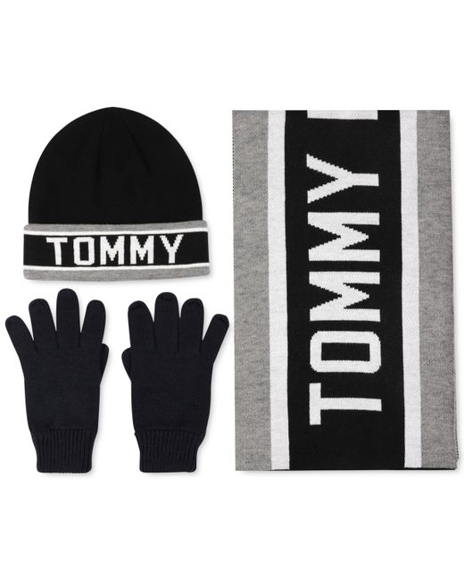 Tommy Hilfiger Racing Stripe Scarf Logo Cuff Hat Gloves Set Heather Gey Snow White