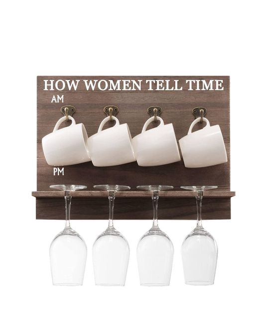 Bezrat How Tell Time Wall Mounted Wine Rack with Glasses and Coffee Mugs Set of 9