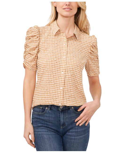Cece Ruched Sleeve Collared Button Down Blouse