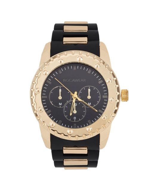 RocaWear Analog Matte and Shiny Gold-Tone Link Rubber Strap Watch Gold