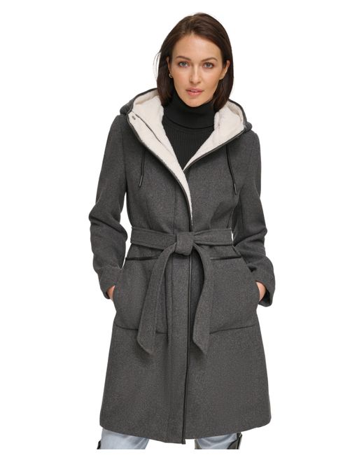 Dkny Faux-Fur Hooded Wool Blend Belted Coat