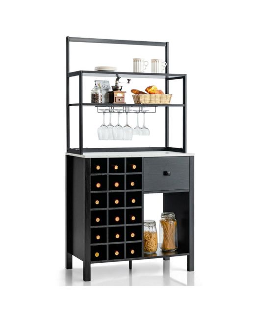 Sugift Kitchen Bakers Rack Freestanding Wine Table with Glass Holder and Drawer