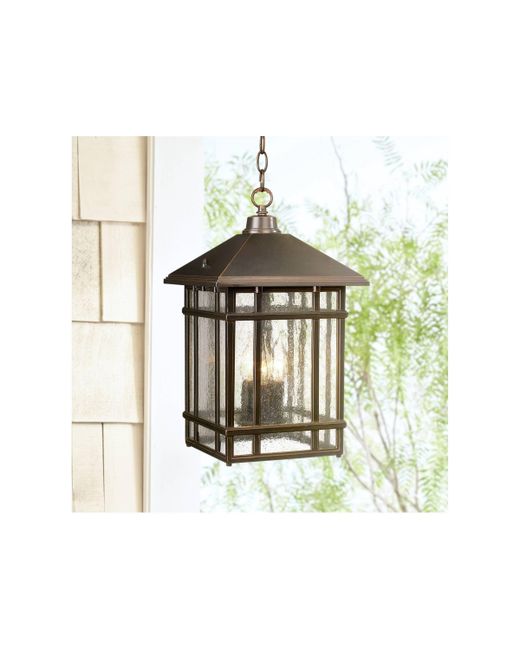 Kathy Ireland Jardin du Jour Sierra Craftsman Art Deco Outdoor Hanging Light Rubbed Bronze 16 1/2 Frosted Seeded Glass Panels Damp Rated for Exterior House Porch P