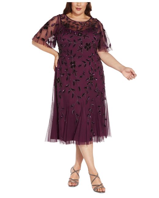 Adrianna Papell Plus Embellished Flutter-Sleeve A-Line Dress