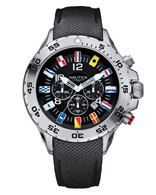 Nautica Nst Chrono Flags Resin-Coated Leather Strap Watch Silver