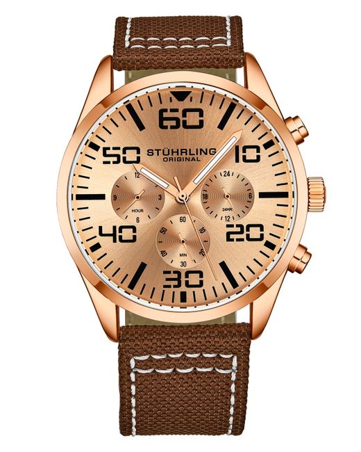 Stuhrling Chrono Brown Canvas with White Contrast Stitching Strap Watch 42mm