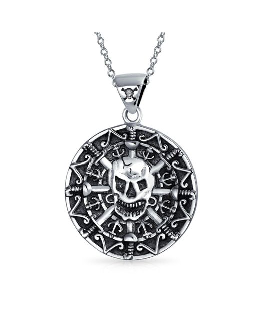 Bling Jewelry Round Coin Heavy Large Medallion Caribbean Aztec Pirates Skull Pendant Necklace For Oxidized 925 Sterling