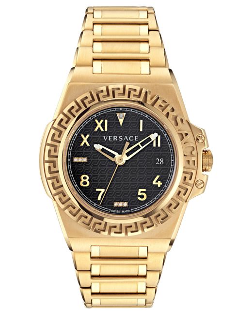 Versace Swiss Greca Reaction Diamond Accent Gold Ion Plated Stainless Steel Bracelet Watch 44mm