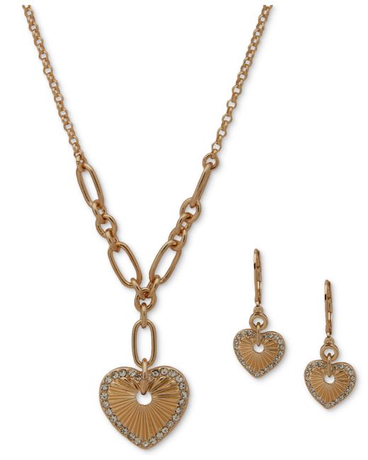AK Anne Klein Gold-Tone Pave Textured Heart Lariat Necklace Drop Earrings Set
