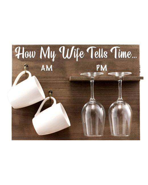 Bezrat How My Wife Tells Time Wall Mounted Wine Rack with Glasses and Coffee Mugs Set of 5