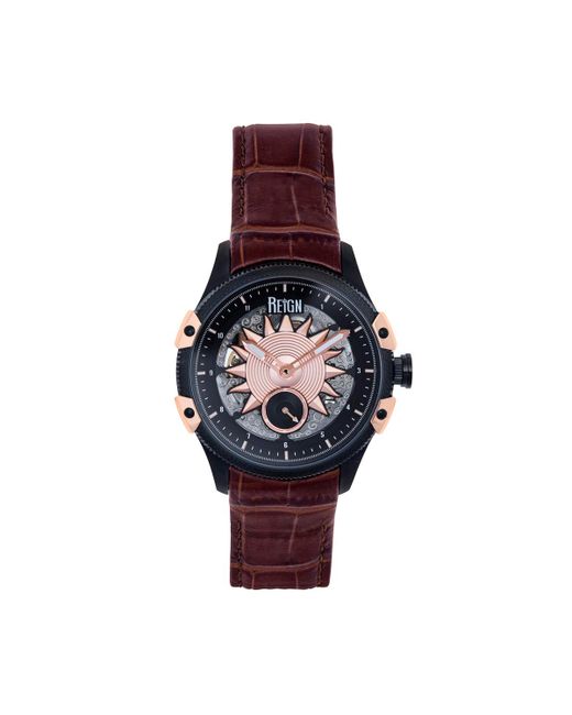 Reign Solstice Automatic Semi-Skeleton Leather Strap Watch Rose Gold rose gold