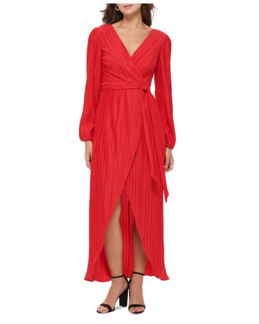 Guess Pleated Woven Faux-Wrap V-Neck Maxi Dress