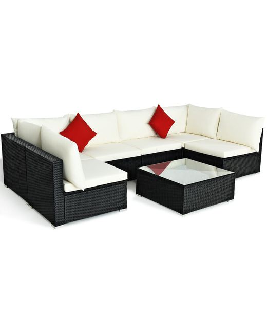 Costway 7PCS Patio Rattan Furniture Set Sectional Sofa Cushioned Glass Table