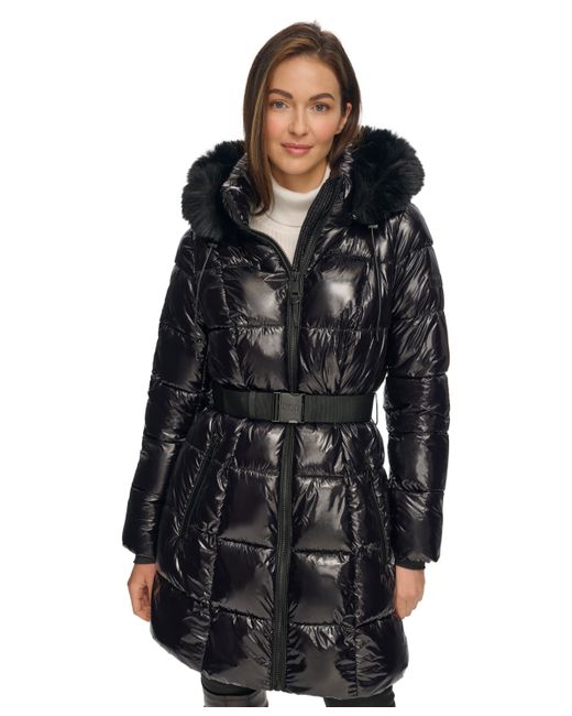 Dkny Belted Faux-Fur-Trim Hooded Puffer Coat