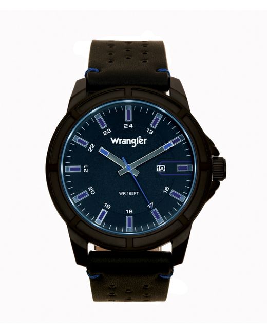 Wrangler Watch 48MM Ip Case with Dial Blue Index Markers Sand Satin Analog Date Function Second Hand Strap wit
