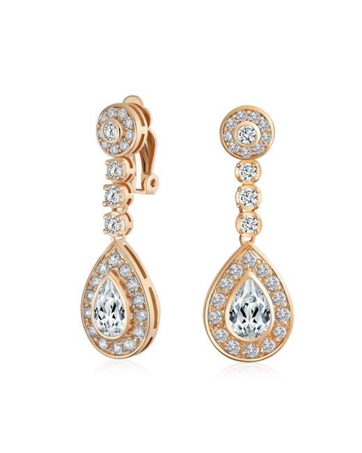 Bling Jewelry Teardrop Halo Cubic Zirconia Pave Cz Dangle Prom Statement Clip On Earrings For