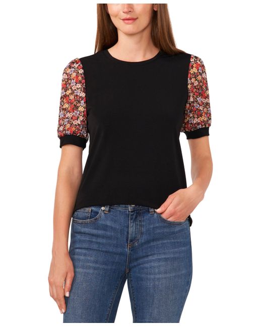 Cece Floral Mixed Media Short Sleeve Knit Top