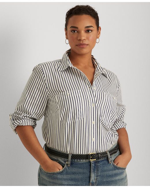 Lauren Ralph Lauren Plus Stripe Roll Tab Button-Down Shirt Blue