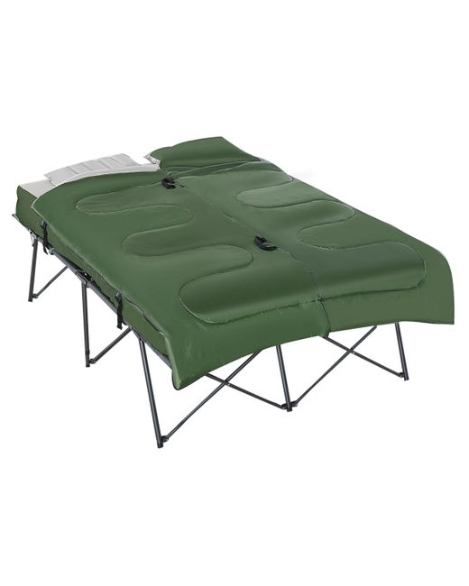 Outsunny 2-Person Folding Camping Cot Portable Outdoor Bed Set with Sleeping Bag Inflatable Air Mattress Comfort Pillows and Carry Soft Com