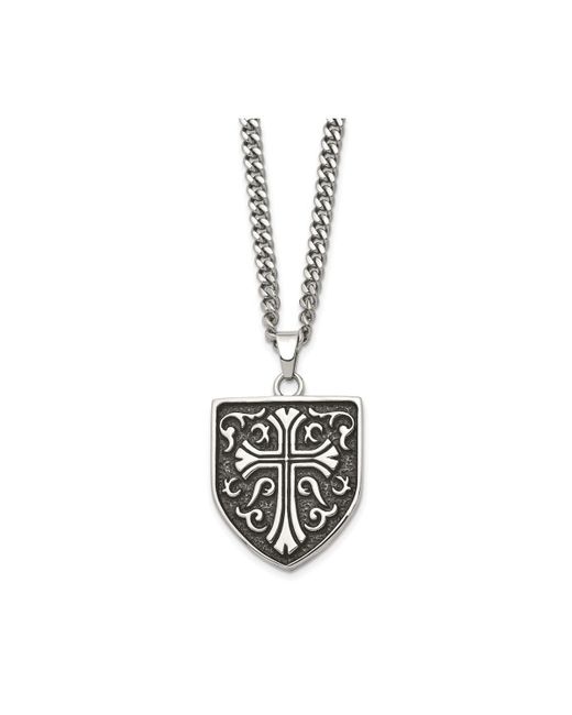 Chisel Antiqued Polished Cross Shield Pendant on a Curb Chain Necklace