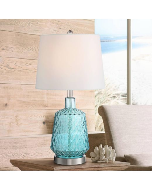 360 Lighting Ronald Modern Coastal Accent Table Lamp 22 High Textured Glass Nickel Pole White Fabric Drum Shade for Bedroom Living Room House Home Bedside Ni