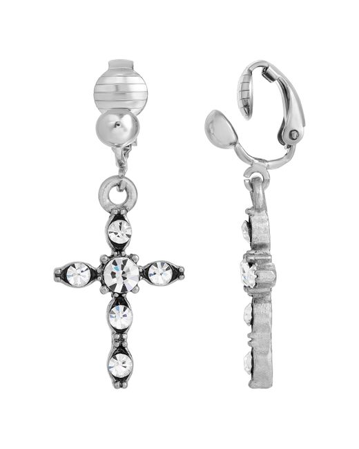 Symbols of Faith Crystal Cross Drop Clip Earrings