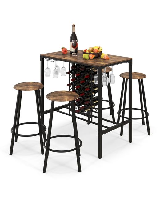 Costway 5PCS Bar Table Stools Set Industrial Bistro with Wine Rack Glass Holder