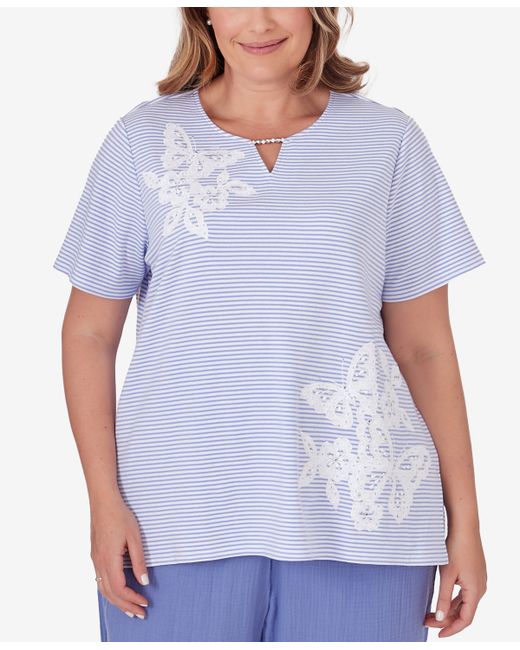 Alfred Dunner Plus Summer Breeze Mini Stripes T-shirt with Butterfly Lace Detail