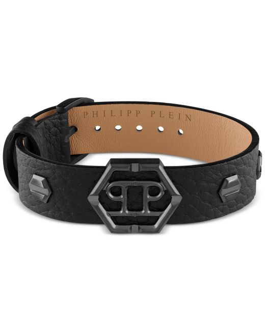 Philipp Plein Gunmetal Ip Logo Leather Flex Bracelet